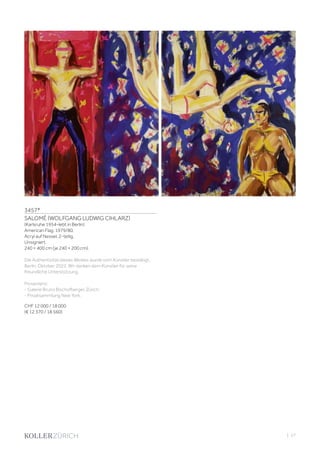 3457*
SALOMÉ (WOLFGANG LUDWIG CIHLARZ)
(Karlsruhe 1954–lebt in Berlin)
American Flag. 1979/80.
Acryl auf Nessel, 2-teilig.
Unsigniert.
240 × 400 cm (je 240 × 200 cm).
Die Authentizität dieses Werkes wurde vom Künstler bestätigt,
Berlin, Oktober 2022. Wir danken dem Künstler für seine
freundliche Unterstützung.
Provenienz:
- Galerie Bruno Bischofberger, Zürich.
- Privatsammlung New York.
CHF 12 000 / 18 000
(€ 12 370 / 18 560)
| 57
 