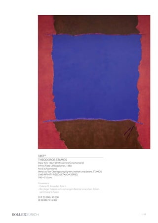 3467*
THEODOROS STAMOS
(New York 1922–1997 Ioannina/Griechenland)
Infinity Field, Lefkada Series. 1980.
Acryl auf Leinwand.
Verso auf der Überlappung signiert, betitelt und datiert: STAMOS
1980 INFINITY FIELD/LEFKADA SERIES.
180 × 152 cm.
Provenienz:
- Galerie M. Knoedler, Zürich.
- Bei obiger Galerie vom vorherigen Besitzer erworben, Privat-
sammlung Schweiz.
CHF 35 000 / 40 000
(€ 36 080 / 41 240)
| 69
 