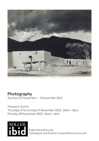Photography
Auctions 22 November ‒ 6 December 2022
Preview in Zurich:
Thursday, 24 to Sunday 27 November 2022, 10am – 6pm
Monday, 28 November 2022, 10am – 4pm
Koller ibid online only
Catalogues and Auction: www.kollerauctions.com
PAUL STRAND. (New York City 1890–1976 Orgeval). „Black Mountain, Cerro, New Mexico, 1932“. Gelatin silver print. Vintage. 11.7 x 14.8 cm.
 
