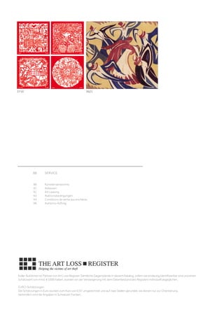 3710 3621
88 SERVICE
									
88 Künstlerverzeichnis
    91 Adressen
    92 Art Leasing
    94 Auktionsbedingungen
    94 Conditions de vente aux enchères
98 Auktions-Auftrag
Koller Auktionen ist Partner von Art Loss Register. Sämtliche Gegenstände in diesem Katalog, sofern sie eindeutig identifizierbar sind und einen
Schätzwert von mind. € 1000 haben, wurden vor der Versteigerung mit dem Datenbestand des Registers individuell abgeglichen.
EURO-Schätzungen
Die Schätzungen in Euro wurden zum Kurs von 0.97 umgerechnet und auf zwei Stellen gerundet, sie dienen nur zur Orientierung.
Verbindlich sind die Angaben in Schweizer Franken.
 