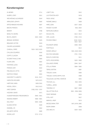 AI, WEIWEI 3711
ALBERS, JOSEF 3651
ARCHIPENKO, ALEXANDER 3644
ARMLEDER, JOHN M. 3669
ARTSCHWAGER, RICHARD 3697
BACON, FRANCIS 3675
BANKSY 3708
BASELITZ, GEORG 3677
BEUYS, JOSEPH 3693 - 3694
BRAQUE, GEORGES 3620
BRAUNER, VICTOR 3634
CALDER, ALEXANDER 3679
CHAGALL, MARC 3629 - 3633, 3635
CHILLIDA, EDUARDO 3656
COMTE, CLAUDIA 3666
DE SAINT PHALLE, NIKI 3683
FLAVIN, DAN 3665
FONTANA, LUCIO 3664
FRANCIS, SAM 3642
FREUNDLICH, OTTO 3607
GERTSCH, FRANZ 3692
GIACOMETTI, ALBERTO 3616 - 3617
HAMILTON, RICHARD 3670, 3673
HARTUNG, HANS 3628, 3655
HECKEL, ERICH 3610, 3615
HIRST, DAMIEN 3700, 3703 - 3707
HOCKNEY, DAVID 3671
HUNDERTWASSER, FRIEDENSREICH 3690 - 3691
INDIANA, ROBERT 3680 - 3681
ISELI, ROLF 3695 - 3696
KLASEN, PETER 3699
KNOEBEL, IMI 3662
KOLLWITZ, KÄTHE 3609
KOONS, JEFF 3712 - 3714
LEWITT, SOL 3652
LICHTENSTEIN, ROY 3678
MACK, HEINZ 3686
MATARÉ, EWALD 3608
MIRÓ, JOAN 3637 - 3638
MOSSET, OLIVIER 3661, 3663
NEMOURS, AURELIE 3653
NOLDE, EMIL 3613 - 3614
OPIE, JULIAN 3709 - 3710
PICASSO, PABLO 3618 - 3619,
3622 - 3627
POLIAKOFF, SERGE 3648 - 3650
PORTFOLIO 3612
RAINER, ARNULF 3641, 3643, 3645
RICHTER, GERHARD 3701 - 3702
ROHLFS, CHRISTIAN 3611
SOTO, JESÚS RAFAEL 3659 - 3660
SOULAGES, PIERRE 3646 - 3647
STELLA, FRANK 3684 - 3685
TÀPIES, ANTONI 3687
TINGUELY, JEAN 3689
TINGUELY, JEAN  AEPPLI, EVA 3688
TOULOUSE-LAUTREC, HENRI DE 3605
TSCHUDI, LILL 3621, 3636
TURRELL, JAMES 3658
TWOMBLY, CY 3667 - 3668
VALLOTTON, FÉLIX 3601 - 3604, 3606
VENET, BERNAR 3654
VITAL, NOT 3657
WARHOL, ANDY 3674
WESSELMANN, TOM 3672, 3676, 3682
WURM, ERWIN 3698
ZAO, WOU-KI 3639 - 3640
| 88
Künstlerregister
 