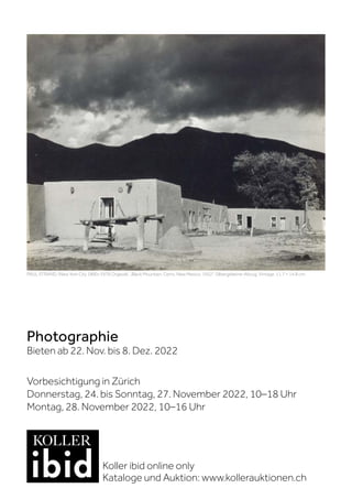 PAUL STRAND. (New York City 1890–1976 Orgeval). „Black Mountain, Cerro, New Mexico, 1932“. Silbergelatine-Abzug. Vintage. 11,7 × 14,8 cm.
Photographie
Bieten ab 22. Nov. bis 8. Dez. 2022
Vorbesichtigung in Zürich
Donnerstag, 24. bis Sonntag, 27. November 2022, 10–18 Uhr
Montag, 28. November 2022, 10–16 Uhr
Koller ibid online only
Kataloge und Auktion: www.kollerauktionen.ch
 