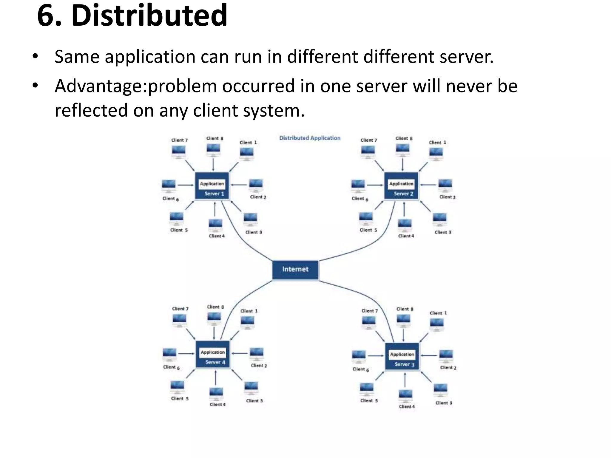 6. Distributed • Same application can run in different different server. • Advantage:problem occurred in one server will never be reflected on any client system. 