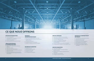 4 5SERVICES CONSEILS LANDMARK — VOTRE PARTENAIRE IMMOBILIER 5
CE QUE NOUS OFFRONS
GESTION DES TRANSACTIONS
• Choix d’emplacement
• Transactions liées à la location (nouveau bail,
renouvellement, relocalisation)
• Cessions et acquisitions
• Nouveau projet et construction sur mesure
VÉRIFICATION DES BAUX
ET CONTRÔLE DES COÛTS
• Réduction des coûts et recouvrement des
dépenses
• Audits électroniques
• Vériﬁcation approfondie des baux
• Vériﬁcation et traitement de toutes les factures
liées aux immeubles
• Vériﬁcation et approbation de l’ensemble des
frais d’exploitation et des rajustements ﬁscaux
de ﬁn d’année
GESTION ET
ADMINISTRATION DE BAUX
• Suivi et avis relatifs aux dates importantes
• Tenue et mise à jour de la base de données sur la
gestion des baux
• Traitement des factures
• Préparation du barème de location
• Rapports et tableaux de bord personnalisés
SERVICES CONSULTATIFS
• Planiﬁcation stratégique
• Évaluation, déﬁnition, conception et mise en
place de processus
• Modèles de baux standards et lignes directrices
d’entreprise
• Optimisation du portefeuille
• Stratégies de réduction de loyer
SERVICES JURIDIQUES
• Préparation et négociation des documents
• Préparation de résumés et d’extraits de baux
• Vériﬁcation diligente des baux
• Publication et enregistrement des baux
• Examen et interprétation des baux et
recommandations
• Examen et traitement des certiﬁcats d’estoppel
• Avis légaux (lettres d’option de renouvellement, etc.)
RECHERCHE ET MARKETING
• Études de marché
• Survol et analyse du marché
• Vériﬁcation du zonage
• Opinion sur la valeur
• Coordination des évaluations
GESTION DE LA CONSTRUCTION ET
DES PROJETS
• Coordination des améliorations locatives
• Réparations des structures
• Inspection des immeubles
• Remplacement des immobilisations
• Réaménagement et rénovation
• Programmes d’entretien préventif
• Établissement du budget et diligence
raisonnable
 