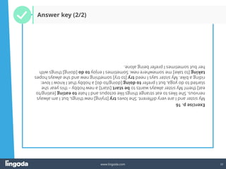 22
www.lingoda.com
Exercise
p.
16
My
sister
and
I
are
very
different.
She
loves
try
[trying]
new
things,
but
I
am
always
nervous.
She
likes
to
eat
strange
things
like
octopus
and
I
hate
to
eating
[eating/to
eat]
them!
My
sister
always
wants
to
be
start
[start]
a
new
hobby
–
this
year
she
started
to
do
yoga,
but
I
prefer
to
doing
[doing/to
do]
a
hobby
that
I
know
I
love:
riding
a
bike.
My
sister
says
I
need
try
[to
try]
something
new
and
she
always
hopes
taking
[to
take]
me
somewhere
new.
Sometimes
I
enjoy
to
do
[doing]
things
with
her
but
sometimes
I
prefer
being
alone.
Answer key (2/2)
 