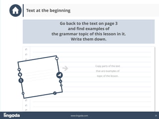 25
www.lingoda.com
Go back to the text on page 3
and find examples of
the grammar topic of this lesson in it.
Write them down.
Text at the beginning
Copy parts of the text
that are examples of
topic of the lesson.
 