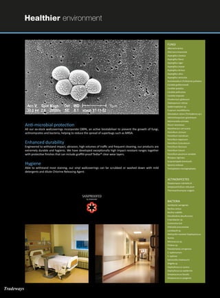 Healthier environment
Anti-microbial protection
All our ex-stock wallcoverings incorporate OBPA, an active biostabiliser to prevent the growth of fungi,
actinomycetes and bacteria, helping to reduce the spread of superbugs such as MRSA.
Enhanced durability
Engineered to withstand impact, abrasion, high volumes of traffic and frequent cleaning, our products are
extremely durable and hygienic. We have developed exceptionally high impact resistant ranges together
with protective finishes that can include graffiti-proof Tedlar® clear wear layers.
Hygiene
Able to withstand most staining, our vinyl wallcoverings can be scrubbed or washed down with mild
detergents and dilute Chlorine Releasing Agent.
FUNGI
Alternaria tenius
Alternaria brassiciola
Aspergillus clavatus
Aspergillus flavus
Aspergillus niger
Aspergillus orysoe
Aspergillus terreus
Aspergillus uttus
Aspergillus versicolor
Aureobasidium (Pulloloria) pullulans
Candida guilliermondii
Candida ipolytica
Candida pelliculosa
Candida tropicalis
Choetomium globosom
Cladosporium retinas
Spidermophyton sp.
Fusarium montilliforma
Gliocladium virens (Trichoderms sp.)
Helminthosporium gramineum
Memnoniella echinata
Mucor racemosus
Myrothecium verrucaria
Penicillium citrinum
Penicillium isiondicum
Penicillium expansum
Penicillium funiculosum
Penicillium lilocinum
Penicillium luteum
Penicillium piscarium variabile
Rhizopus nigricans
Scopularlapele brevicoulis
Spicoria violocea
Trichophyton mentagrophytes
ACTINOMYCETES
Streptomyces rubrireticuli
Streptoverticillium reticulum
Thermoactinomyces vulgaris
BACTERIA
Aerobacter aerogenes
Bacillus cereus
Bacillus subtillis
Desulfovibrio desulfuricans
Enterobacter sp.
Escherichia Coli
Klebsiella pneumoniae
Lactobacilli sp.
Methycillin-resistant Staphyacoccus
Aureas
Microcaccus sp.
Proteus sp.
Pseudomanas ceruginosa
S. typhimurium
S. typhosa
Salmonella chalerasuris
Shigella sp.
Staphyllococcus aureus
Staphyllococcus‑epidermis
Streptoococcus fascalis
Streptoococcus pyogenes
Tradeways
 
