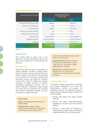 cognizant solutions overview 4
Avoiding Risk
With change, there is always risk. In our
experience, we have identified two areas of risk
that can be avoided with careful planning and
execution.
Business Risk
Subscription business requires consumption to
remain profitable. Therefore, renewal periods
based on contracts must be customized for every
type of customer in line with the value delivered
to each. Systems for monitoring, managing and
proactively tracking and billing the customer
must be set in place to capture the revenues
accurately at regular intervals. In addition,
subscription management activities such as
service fulfillment, entitlement, usage tracking
and billing must be automated and interfaced
with customer engagement systems to ensure
consistency in program execution.
Transformation Risk
To alleviate program management, technology
and change management risk during the
transformation process, we endorse the
progressive maturity of capabilities aligned to
specific business realization goals characterized
by the following:
•	Develop KPIs aligned with stated business
priorities.
•	Develop and align market-differentiating
capabilities to the KPIs across the commerce
lifecycle.
•	Develop a “crawl, walk, run” approach to
release based on target solution architecture
capabilities identified in the fit-gap analysis.
Success Story
Client: Leading Networking Hardware and
Software Maker
Business Case: Develop a leading
practices-based capability for subscription
and software business models, which
could be implemented and scaled on their
existing IT infrastructure.
Cognizant Solution: We built scenarios
around specific capabilities to create a
“crawl, walk, run” approach to reduce
implementation complexity.
Outcome: New capabilities improved
buying motions by transforming
configuration, pricing, quotation and billing
processes.
Operating model transformation
Quote to Cash Business Process
Customer interaction (pre  post sale)
Product / service Configuration
Licensing  pricing
Transaction types (Orders, contracts)
Fulfillment (Delivery, provisioning)
Billing, invoicing
Management reporting
Compliance
Throughput
Supported
Static
Perpetual
Few
Product
Transaction based
Business intelligence
Reactive, off-line
Product Centric
business
Agility
Self Service
Dynamic
Consumption
Many
Service
Event, usage based
Customer intelligence
Proactive, in-line
Customer Centric
business
Process characteristics
impacted by the services
business model
Figure 4
 