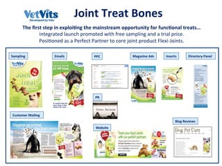 Joint	Treat	Bones	
Sampling	 Emails	
Customer	Mailing	
Website	
Magazine	Ads	 Inserts	PPC	
Blog	Reviews	
PR	
Directory	Panel	
The	ﬁrst	step	in	exploiFng	the	mainstream	opportunity	for	funcFonal	treats…		
integrated	launch	promoted	with	free	sampling	and	a	trial	price.	
Posi6oned	as	a	Perfect	Partner	to	core	joint	product	Flexi-Joints.		
 