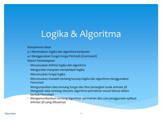 Logika & Algoritma
Kompetensi dasar
3.1 Menerapkan logika dan algoritma komputer
4.1 Menggunakan fungsi-fungsi Perintah (Command)
Materi Pembelajaran
• Merumuskan definisi logika dan algoritma
• Menguraian manpaat mempelajari logika
• Merumuskan fungsi logika
• Merumuskan masalah tentang konsep logika dan algoritma menggunakan
Flowchart
• Mengumpulkan data tentang fungsi dan fitur perangkat lunak animasi 3D
• Mengolah data tentang skenario algoritma permainan sesuai idenya dalam
bentuk Flowchart
• Mengomunikasikan tentang algoritma permainan dan cara penggunaan aplikasi
animasi 3D yang dibuatnya
Riza Adam 1
 