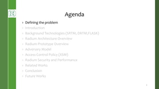 Agenda
› Defining the problem
› Introduction
› Background Technologies (SRTM, DRTM,FLASK)
› Radium Architecture Overview
› Radium Prototype Overview
› Adversary Model
› Access Control Policy (XSM)
› Radium Security and Performance
› Related Works
› Conclusion
› Future Works
2
 