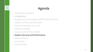 Agenda
› Defining the problem
› Introduction
› Background Technologies (SRTM, DRTM,FLASK)
› Radium Architecture Overview
› Radium Prototype Overview
› Adversary Model
› Access Control Policy (XSM)
› Radium Security and Performance
› Related Works
› Conclusion
› Future Works
23
 