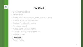 Agenda
› Defining the problem
› Introduction
› Background Technologies (SRTM, DRTM,FLASK)
› Radium Architecture Overview
› Radium Prototype Overview
› Adversary Model
› Access Control Policy (XSM)
› Radium Security and Performance
› Related Works
› Conclusion
› Future Works
27
 