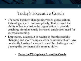 5
Today’s Executive Coach
• The same business changes (increased globalization,
technology, speed, and complexity) that reduced the
ability of leaders inside the organization to provide
coaching, simultaneously increased employees’ need for
external coaching.
• Employees, as a result of having to face this rapidly
changing and more complex work environment, are now
constantly looking for ways to meet the challenges and
develop the pertinent skills more rapidly:
• Enter the Workplace / Executive Coach
 
