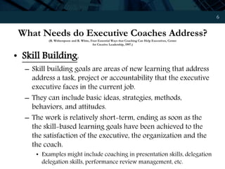 6
What Needs do Executive Coaches Address?
(R. Witherspoon and R. White, Four Essential Ways that Coaching Can Help Executives, Center
for Creative Leadership, 1997.)
• Skill Building:
– Skill building goals are areas of new learning that address
address a task, project or accountability that the executive
executive faces in the current job.
– They can include basic ideas, strategies, methods,
behaviors, and attitudes.
– The work is relatively short-term, ending as soon as the
the skill-based learning goals have been achieved to the
the satisfaction of the executive, the organization and the
the coach.
• Examples might include coaching in presentation skills, delegation
delegation skills, performance review management, etc.
 