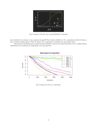 Fig. 2: Impacto do factor beta na probabilidade de imita¸c˜ao
que contribuir leva sempre a um aumento do payoﬀ. Para valores inferiores a N, a popula¸c˜ao evolui de forma a
que as ofertas tendam para 0. Para F igual a N a coopera¸c˜ao ´e mantida mas n˜ao emerge mais.
Desta forma concluimos que em jogos de bens p´ublicos a procura de cada individuo em ter o melhor ﬁtness
individual leva `a ausˆencia de coopera¸c˜ao, tal como previsto.
Fig. 3: Impacto do beta na coopera¸c˜ao.
3
 