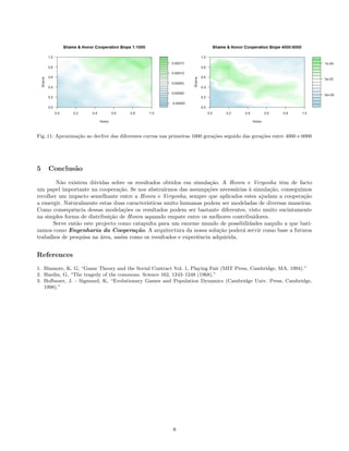 Fig. 11: Aproxima¸c˜ao ao declive das diferentes curvas nas primeiras 1000 gera¸c˜oes seguido das gera¸c˜oes entre 4000 e 6000
5 Conclus˜ao
N˜ao existem d´uvidas sobre os resultados obtidos em simula¸c˜ao. A Honra e Vergonha tˆem de facto
um papel importante na coopera¸c˜ao. Se nos abstra´ırmos das assump¸c˜oes necess´arias `a simula¸c˜ao, conseguimos
recolher um impacto semelhante entre a Honra e Vergonha, sempre que aplicados estes ajudam a coopera¸c˜ao
a emergir. Naturalmente estas duas caracter´ısticas muito humanas podem ser modeladas de diversas maneiras.
Como consequˆencia dessas modela¸c˜oes os resultados podem ser bastante diferentes, visto muito sucintamente
na simples forma de distribui¸c˜ao de Honra aquando empate entre os melhores contribuidores.
Serve ent˜ao este projecto como catapulta para um enorme mundo de possibilidades naquilo a que bati-
zamos como Engenharia da Coopera¸c˜ao. A arquitectura da nossa solu¸c˜ao poder´a servir como base a futuros
trabalhos de pesquisa na ´area, assim como os resultados e experiˆencia adquirida.
References
1. Binmore, K. G, “Game Theory and the Social Contract Vol. 1, Playing Fair (MIT Press, Cambridge, MA, 1994).”
2. Hardin, G, “The tragedy of the commons. Science 162, 1243–1248 (1968).”
3. Hofbauer, J. - Sigmund, K, “Evolutionary Games and Population Dynamics (Cambridge Univ. Press, Cambridge,
1998).”
8
 