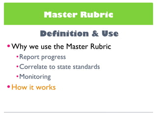Master Rubric Why we use the Master Rubric Report progress Correlate to state standards Monitoring How it works 