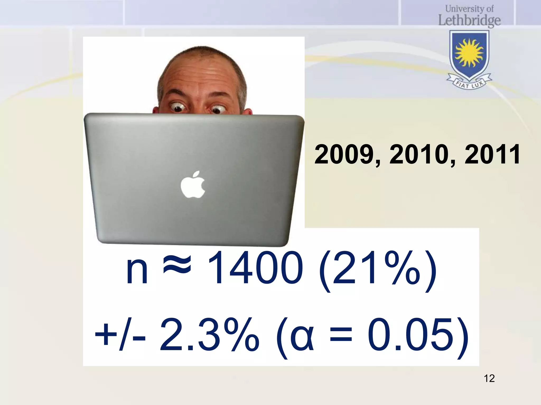 2009, 2010, 2011



 n ≈ 1400 (21%)
+/- 2.3% (α = 0.05)
                       12
 
