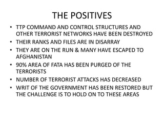 THE POSITIVES
• TTP COMMAND AND CONTROL STRUCTURES AND
OTHER TERRORIST NETWORKS HAVE BEEN DESTROYED
• THEIR RANKS AND FILES ARE IN DISARRAY
• THEY ARE ON THE RUN & MANY HAVE ESCAPED TO
AFGHANISTAN
• 90% AREA OF FATA HAS BEEN PURGED OF THE
TERRORISTS
• NUMBER OF TERRORIST ATTACKS HAS DECREASED
• WRIT OF THE GOVERNMENT HAS BEEN RESTORED BUT
THE CHALLENGE IS TO HOLD ON TO THESE AREAS
 