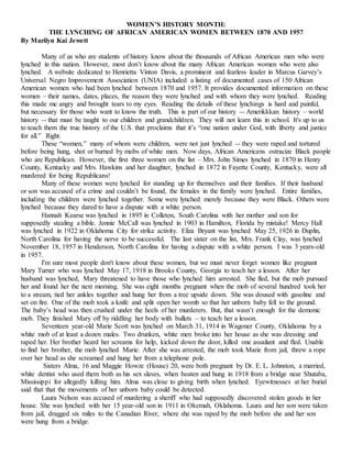 WOMEN’S HISTORY MONTH:
THE LYNCHING OF AFRICAN AMERICAN WOMEN BETWEEN 1870 AND 1957
By Marilyn Kai Jewett
Many of us who a...