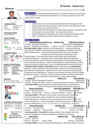 D’D’SOUZASOUZA IIGNATIUSGNATIUS
RROMANOMAN
OBJECTIVE: To Seeking a challenging position in a reputed & progressive organization
so as to utilize my acumen & extensive experience in order to be a productive asset in the
growth of the company.
STRENGHTS:
o Interpersonal, Communication, Good Analytical & Team Management skills.
o Ability to adapt with new environment, High Tolerance level, willingness to learn,
hardworking, loyal, humble and honest.
o Self motivated with having Ability to motivate Staff, aggressive and ambitious with
a strong desire to succeed without any compromise on ethics.
o Material Management, Organizing, Case study, Tracking & Investigation Skills.
o Active in collecting information & sharing with the Department head.
WORK PROFILE:
1. Sharjah National Lube Oil Co. Ltd Sharjah, U.A.E. 2010 & Present (4yrs+)
Position – Warehouse Assistance (Warehouse & Loading Master)
Business – Manufacturing & Trading Industry - Lubricant Turnover - AED 650 Million
Key Responsibility: Indoor - Material Control Management - Incoming & Outgoing,
Store Plan (FIFO- MSDS), House Keeping, Email Correspondence & Organize work flow
Material Management – Racking & Stacking (MTO, MTS), Stock Level, Packages
Allocate Quarantine Area (Slow moving & dead stock)
Quality & Safety – Environment (Recycling), Health (Safety gear enforcement)
Solution Management – Identifying issues, Understanding, Organize & Satisfying
Report Management- Daily Activity (Incoming & Outgoing Re-branding & Re-packing)
Annual inventory Management – Planning, Preparing Zone, Naming, Stacking, Counting
Assign Job & Monitor Work Flow of Team of 15 Staff designated to Warehouse activity
Outdoor - Key Responsibility: Outdoor- Discharging Vessel at Hamriya port as Loading Master
Handling: Customs- FREE BOE, BOL, Cargo Manifest, Agent D.O. & Certificate of Origin
Vessel Document Management: Safety Check list, Vessel Time log sheet & Storage plan
Comparison Report Management: Load port, vessel storage & surveyor shore tank Ullage,
Coordination: Internal - Production, Purchase, Dispatch, Quality, Laboratory & Sales Dept.
External- Ship Captain, Harbor Master, Surveyor, Agent, Auditors
2. Prologix LLC Dubai, U.A.E 2009 -2010 (2yr)
Position - Business Development Executive (Marketing)
Business - Developer & Trader Industry – Computer Accessories Turnover – AED 25 Million
Key Responsibility: Product Awareness, Product Demonstration, Email Marketing,
Business meeting, cold calls & Solution Management approach
3. Aanelsa Corporation Hong Kong (Deputation) 2002-2008 (7 Yrs)
Position - Operation Executive (Purchase-Marketing -Quality)
Business – General Trader Industry – Computer Hardware Turnover – US$ 3 Million
Key Responsibility: Trade Show, Product Study, Sourcing & Business Opportunity
Customer Relationship, Logistic coordination, Tracking shipment & follow up
Quality Management- Inspecting Factory, Consignment & Document (C.E-ROHS-C.O)
Finance Management – Payment to Supplier, Forwarder & Customers T/T confirmation
Document Management- P.O, P.I., C.I., D.O., B.O., P.L., H.A.W.B, B.O.L. & Customs.
4. Aanelsa Corporation Mumbai, India 1994-2001 (8yrs)
Position – Store Assistance (Warehouse – Document Controller)
Business - Distributor Industry- FMCG Turnover - Rs 1 Million
Key Responsibility – Receivable & Outgoing, Maintain Stock Register, Store Plan,
Inventory Management, Document Management, Filling & House Keeping
5. Remy Agency Mumbai, India 1991 -1993 (3 yrs)
Position - Salesman (Marketing)
Business - Distributor Industry- FMCG Turnover – Rs 20 Million
Key Responsibility – Customer Relationship Management, Attending compliant & queries
PERSONAL DATA
D.O.B : April 19, 1972
P.O.B : MUMBAI
Civil Status : Married
Nationality/Origin
Indian /Mumbai
Passport Details
Indian Passport Holder
No. : G6647346
Exp. Dt. : 13- 12- 2017
U.A.E. L. No. : 527466
Exp. Dt. : 13-10-2022
Languages Known
English
Hindi
Marathi
Konkani
Country Visited/ Reason
Hong Kong - On Deputation
China - Inspection
Taiwan - Trade Show
France - Business Meeting
Germany - Exhibitor
U.A.E - Employment
Education
SSC - Passed – March 1989
Our Lady of Salvation High School
Computer Skills
Certified Training- Darlsco
Discharge Process Oil Industry
Loading Process Oil Industry
Sampling Process Oil Industry
Safety Oil Industry
Block 248, Flat 9A
SHARJAH
+971 50 9137781
iggi.dubai@live.com
ISO9001:2008&ISO14001:2004
Reporting:OperationManger
Reporting:
SalesManager
Reporting:
GeneralManager
GeSalesManager
 