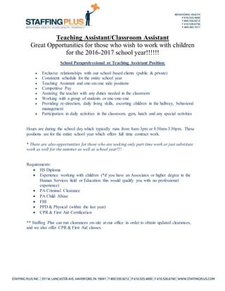 Teaching Assistant/Classroom Assistant
Great Opportunities for those who wish to work with children
for the 2016-2017 school year!!!!!!
School Paraprofessional or Teaching Assistant Position:
 Exclusive relationships with our school based clients (public & private)
 Consistent schedule for the entire school year
 Teaching Assistant and one-on-one aide positions
 Competitive Pay
 Assisting the teacher with any duties needed in the classroom
 Working with a group of students or one-one-one
 Providing re-direction, daily living skills, escorting children in the hallway, behavioral
management
 Participation in daily activities in the classroom, gym, lunch and any special activities
Hours are during the school day which typically runs from 8am-3pm or 8:30am-3:30pm. These
positions are for the entire school year which offers full time contract work.
* There are also opportunities for those who are seeking only part time work or just substitute
work as well for the summer as well as school year!!!!
Requirements:
 HS Diploma
 Experience working with children (*if you have an Associates or higher degree in the
Human Services field or Education this would qualify you with no professional
experience)
 PA Criminal Clearance
 PA Child Abuse
 FBI
 PPD & Physical (within the last year)
 CPR & First Aid Certification
** Staffing Plus can run clearances on-site at our office in order to obtain updated clearances,
and we also offer CPR & First Aid classes.
 