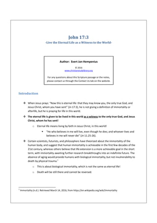 Live the Eternal life as a Witness to the world - John 17.3 | PDF