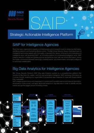Strategic Actionable Intelligence Platform
SAIP
SAIP for Intelligence Agencies
More than ever, organizations require a comprehensive suite of powerful tools for analyzing information,
identifying patterns, and facilitating effective action. The Mer Group Security Division dedicated team of
intelligence technology experts who thoroughly understand the nature, constraint’s and implications of
intelligence work, has developed SAIP - an innovative platform for accelerating intelligence work. SAIP
collects data from multiple and diverse sources and enriches them with real-world information, tracing
the hidden connections between seemingly unrelated events, and disseminates actionable intelligence
to authorized stakeholders.
Big Data Analytics for Intelligence Agencies
Mer Group Security Division’s SAIP (Big data Analytics system) is a comprehensive platform that
transforms Big Data into usable, real-time and actionable intelligence. SAIP prioritizes information as
it comes through, enabling your organization to proactively take measures to cope with threats before
they materialize.
SAIP enables governments and enterprises to combine and correlate external and internal information,
structured or unstructured, and apply advanced analytics to big data sets in order to identify security
events and get the bigger picture of existing threats.
COLLECTION
DATA ACQUISTION
FUSION
AUTO PROCESSES
CDRs
Emails
Messaging
Travels
Financial
DATA FEEDS
Social Networks
Deep Web
Dark Net
Multi Media
Web Sites
RSS
OPEN SOURCES
Organization
Public
Agencies
Automatic
Collection
Manual
Collection
Streaming
Avatar
Management
Data Sources
Management
DATABASES
Data
Centric
Target
Centric
Entity
Extraction
Rule Engine
Identity
Resolution
Watch Lists
Automatic Entity
Enrichment
Statistics
Taxonomy
Scoring
ANALYSIS
TOOLS & PEOPLE
Link Analysis
Temporal
Geospatial
Trends
What If
Alerts
Case
Management
Document
Management
Collaboration
Reports
WWW
STRUCTURED &
UNSTRUCTURED
DATA
DISSEMINATION
 