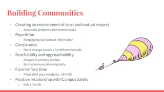 Building Communities
- Creating an environment of trust and mutual respect
- Approach problems and respect space
- Repetition
- Keep giving out contact information
- Consistency
- Don’t change answers for different people
- Reachability and approachability
- Answer in a timely fashion
- Be in communication regularly
- Face-to-face time
- Meet all of your residents - all 110!
- Positive relationship with Campus Safety
- Extra rounds
 