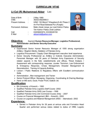 CURRICULUM VITAE
Lt Col (R) Muhammad Akbar Lsc
Date of Birth : 2 May 1969
CNIC : 36202-0922890-3
Present Address : H/NO 130 Block F Khayaban-E-Ali Phase 2
Air Port Road Bahawal Pur (Punjab)
Permanent Address: Malsi chowk dunya pur road Kahror Pakka
Teh Kahror Pakka .Distt Lodhran
Cell : 03009683974, 03336028150
E Mail : akbarrind@yahoo.com
Objective: Aspirant Human Resource Manager, Logistics Professional,
Administrator and Senior Security Executive
Summary
 Experienced Senior Human Resource Manager of 1000 strong organization
Artillery / Mujahid Infantry Battalion of Pakistan Army.
 Logistics/ Procurement / Supply Chain Management executive level experience
 Senior Security Professional as Artillery Lt Colonel, Executive Administrator,
Personnel Manager with 26 years of Pakistan Army Experience of Security
related aspects in the field, establishments and offices, Threat Analysis /
Assessment with corresponding response, counter Terrorism, Law Enforcement
& Emergency Response, Crises Management, Disaster Management &
Reconstruction, Training & Capacity Building
 Liaison / Public Relations & Regulatory Affairs with Excellent communication
Skills
 Administration , Man management and Trainer
 Senior Protocol Officer, Managing, Organizing, Coordinating & Chairing Meetings
 Hand on MS word, Excel, Power Point, Outlook etc
Qualification
 BA (University of Karachi – 1992
 Qualified Pakistan Army Logistics Staff Course -2002
 Qualified Pakistan Army GHQ Law Course – 1998
 Qualified Pakistan Army Unit Command Course (Arty) - 2007
 Course on Financial Management (IBA – Karachi) - 2002
 Course on Logistics and Material Management (AIOU – Islamabad)- 2002
Experience:
 Served in Pakistan Army for 26 years at various units and Formation Head
Quarter and performed various duties related to duties of HRM, Logistic
 