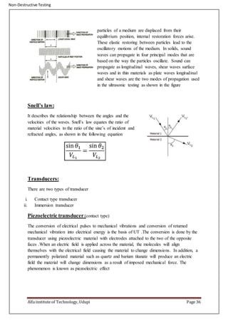 Non-Destructive Testing
Alfa institute of Technology, Udupi Page 36
particles of a medium are displaced from their
equilibrium position, internal restoration forces arise.
These elastic restoring between particles lead to the
oscillatory motions of the medium. In solids, sound
waves can propagate in four principal modes that are
based on the way the particles oscillate. Sound can
propagate as longitudinal waves, shear waves surface
waves and in thin materials as plate waves longitudinal
and shear waves are the two modes of propagation used
in the ultrasonic testing as shown in the figure
Snell’s law:
It describes the relationship between the angles and the
velocities of the waves. Snell’s law equates the ratio of
material velocities to the ratio of the sine’s of incident and
refracted angles, as shown in the following equation
Transducers:
There are two types of transducer
i. Contact type transducer
ii. Immersion transducer
Piezoelectric transducer (contact type)
The conversion of electrical pulses to mechanical vibrations and conversion of returned
mechanical vibration into electrical energy is the basis of UT .The conversion is done by the
transducer using piezoelectric material with electrodes attached to the two of the opposite
faces .When an electric field is applied across the material, the molecules will align
themselves with the electrical field causing the material to change dimensions. In addition, a
permanently polarized material such as quartz and barium titanate will produce an electric
field the material will change dimensions as a result of imposed mechanical force. The
phenomenon is known as piezoelectric effect
 