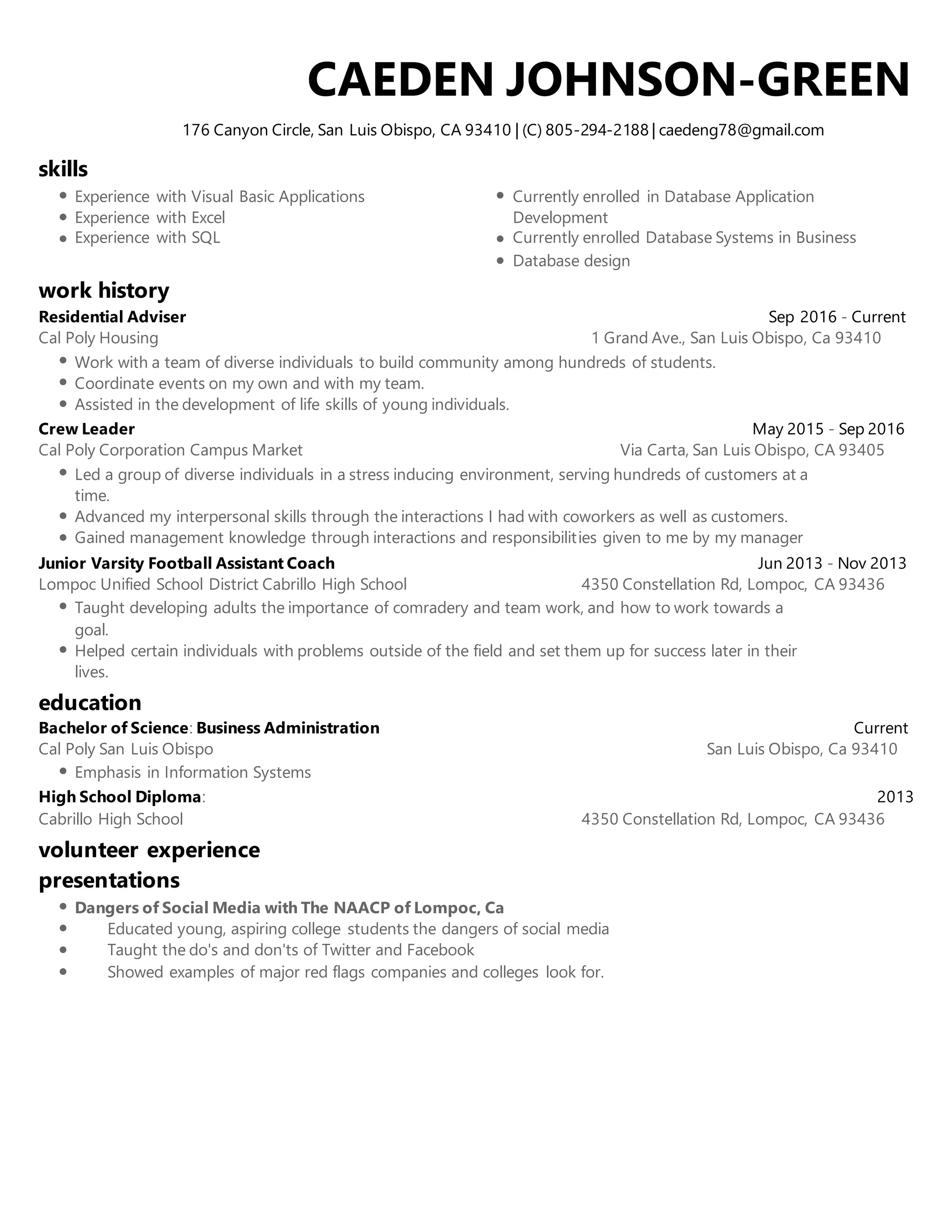 Caeden Johnson Green Resume 1 DOCX Caeden johnson green resume 1 docx