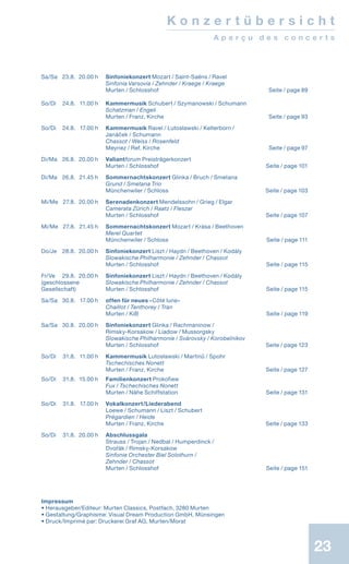 23
Sa/Sa 	 23.8. 	20.00 h 	 Sinfoniekonzert Mozart / Saint-Saëns / Ravel
			 Sinfonia Varsovia / Zehnder / Kraege / Kraege
			 Murten / Schlosshof  Seite / page 89
So/Di 	 24.8. 	 11.00 h 	 Kammermusik Schubert / Szymanowski / Schumann
			 Schatzman / Engeli
			 Murten / Franz. Kirche  Seite / page 93
	
So/Di 	 24.8. 	 17.00 h 	 Kammermusik Ravel / Lutosławski / Kelterborn /
			 Janáček / Schumann
			 Chassot / Weiss / Rosenfeld
			 Meyriez / Ref. Kirche  Seite / page 97
Di/Ma 	 26.8. 	20.00 h 	 Valiantforum Preisträgerkonzert
			 Murten / Schlosshof  Seite / page 101
Di/Ma 	 26.8. 	 21.45 h 	 Sommernachtskonzert Glinka / Bruch / Smetana
			 Grund / Smetana Trio
			 Münchenwiler / Schloss  Seite / page 103
Mi/Me 	 27.8. 	20.00 h 	 Serenadenkonzert Mendelssohn / Grieg / Elgar
			 Camerata Zürich / Raatz / Fleszar
			 Murten / Schlosshof  Seite / page 107
Mi/Me 	 27.8. 	 21.45 h 	 Sommernachtskonzert Mozart / Krása / Beethoven
			 Merel Quartet
			 Münchenwiler / Schloss Seite / page 111
Do/Je 	 28.8. 	20.00 h 	 Sinfoniekonzert Liszt / Haydn / Beethoven / Kodály
		 	 Slowakische Philharmonie / Zehnder / Chassot
			 Murten / Schlosshof  Seite / page 115
Fr/Ve 	 29.8. 	20.00 h 	 Sinfoniekonzert Liszt / Haydn / Beethoven / Kodály
(geschlossene	 	 Slowakische Philharmonie / Zehnder / Chassot
Gesellschaft)		 Murten / Schlosshof  Seite / page 115
Sa/Sa 	 30.8. 	 17.00 h 	 offen für neues «Côté lune»
			 Chaillot / Tenthorey / Tran
			 Murten / KiB  Seite / page 119
Sa/Sa 	 30.8. 	20.00 h 	 Sinfoniekonzert Glinka / Rachmaninow /
			 Rimsky-Korsakow / Liadow / Mussorgsky
			 Slowakische Philharmonie / Svárovsky / Korobeïnikov
			 Murten / Schlosshof  Seite / page 123
So/Di 	 31.8. 	 11.00 h 	 Kammermusik Lutosławski / Martinů / Spohr
			 Tschechisches Nonett
			 Murten / Franz. Kirche  Seite / page 127
So/Di 	 31.8. 	 15.00 h 	 Familienkonzert Prokofiew
			 Fux / Tschechisches Nonett
			 Murten / Nähe Schiffstation  Seite / page 131
So/Di 	 31.8. 	 17.00 h 	 Vokalkonzert/Liederabend
			 Loewe / Schumann / Liszt / Schubert
			 Prégardien / Heide
			 Murten / Franz. Kirche  Seite / page 133
So/Di 	 31.8. 	20.00 h 	 Abschlussgala
			 Strauss / Trojan / Nedbal / Humperdinck /
			Dvořák / Rimsky-Korsakow	
			 Sinfonie Orchester Biel Solothurn /
			 Zehnder / Chassot
			 Murten / Schlosshof  Seite / page 151
Impressum
• Herausgeber/Editeur: Murten Classics, Postfach, 3280 Murten
• Gestaltung/Graphisme: Visual Dream Production GmbH, Münsingen
• Druck/Imprimé par: Druckerei Graf AG, Murten/Morat
K o n z e r t ü b e r s i c h t
A p e r ç u d e s c o n c e r t s
 