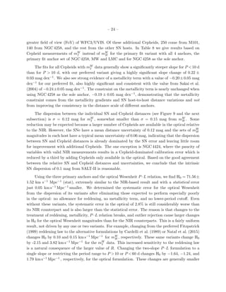 – 24 –
greater ﬁeld of view (FoV) of WFC3/UVIS. Of these additional Cepheids, 250 come from M101,
140 from NGC 4258, and the rest from the other SN hosts. In Table 8 we give results based on
Cepheid measurements of mW
I instead of mW
H for the primary ﬁt variant with all 4 anchors, the
primary ﬁt anchor set of NGC 4258, MW and LMC and for NGC 4258 as the sole anchor.
The ﬁts for all Cepheids with mW
I data generally show a signiﬁcantly steeper slope for P <10 d
than for P > 10 d, with our preferred variant giving a highly signiﬁcant slope change of 0.22 ±
0.03 mag dex−1. We also see strong evidence of a metallicity term with a value of −0.20±0.05 mag
dex−1 for our preferred ﬁt, also highly signiﬁcant and consistent with the value from Sakai et al.
(2004) of −0.24±0.05 mag dex−1. The constraint on the metallicity term is nearly unchanged when
using NGC 4258 as the sole anchor, −0.19 ± 0.05 mag dex−1, demonstrating that the metallicity
constraint comes from the metallicity gradients and SN host-to-host distance variations and not
from improving the consistency in the distance scale of diﬀerent anchors.
The dispersion between the individual SN and Cepheid distances (see Figure 9 and the next
subsection) is σ = 0.12 mag for mW
I , somewhat smaller than σ = 0.15 mag from mW
H . Some
reduction may be expected because a larger number of Cepheids are available in the optical relative
to the NIR. However, the SNe have a mean distance uncertainty of 0.12 mag and the sets of mW
H
magnitudes in each host have a typical mean uncertainty of 0.06 mag, indicating that the dispersion
between SN and Cepheid distances is already dominated by the SN error and leaving little room
for improvement with additional Cepheids. The one exception is NGC 4424, where the paucity of
variables with valid NIR measurements results in a Cepheid-dominated calibration error which is
reduced by a third by adding Cepheids only available in the optical. Based on the good agreement
between the relative SN and Cepheid distances and uncertainties, we conclude that the intrinsic
SN dispersion of 0.1 mag from SALT-II is reasonable.
Using the three primary anchors and the optical Wesenheit P–L relation, we ﬁnd H0 = 71.56±
1.52 km s−1 Mpc−1 (stat), extremely similar to the NIR-based result and with a statistical error
just 0.05 km s−1 Mpc−1 smaller. We determined the systematic error for the optical Wesenheit
from the dispersion of its variants after eliminating those expected to perform especially poorly
in the optical: no allowance for reddening, no metallicity term, and no lower-period cutoﬀ. Even
without these variants, the systematic error in the optical of 2.8% is still considerably worse than
its NIR counterpart and is also larger than the statistical error. The reason is that changes to the
treatment of reddening, metallicity, P–L relation breaks, and outlier rejection cause larger changes
in H0 for the optical Wesenheit magnitudes than for the NIR counterparts. This is a fairly uniform
result, not driven by any one or two variants. For example, changing from the preferred Fitzpatrick
(1999) reddening law to the alternative formulations by Cardelli et al. (1989) or Nataf et al. (2015)
changes H0 by 0.10 and 0.15 km s−1 Mpc−1 for mW
H , respectively. These same variants change H0
by -2.15 and 3.82 km s−1 Mpc−1 for the mW
I data. This increased sensitivity to the reddening law
is a natural consequence of the larger value of R. Changing the two-slope P–L formulation to a
single slope or restricting the period range to P >10 or P <60 d changes H0 by −1.64, −1.24, and
1.79 km s−1 Mpc−1 , respectively, for the optical formulation. These changes are generally smaller
 