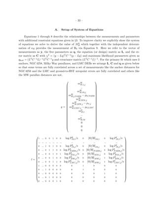 – 33 –
A. Setup of System of Equations
Equations 1 through 8 describe the relationships between the measurements and parameters
with additional constraint equations given in §3. To improve clarity we explicitly show the system
of equations we solve to derive the value of M0
B which together with the independent determi-
nation of aB provides the measurement of H0 via Equation 9. Here we refer to the vector of
measurements as y, the free parameters as q, the equation (or design) matrix as L, and the er-
ror matrix as C with χ2 = (y − Lq)T C−1(y − Lq) and maximum likelihood parameters given as
qbest = (LT C−1L)−1LT C−1y and covariance matrix (LT C−1L)−1. For the primary ﬁt which uses 3
anchors, NGC 4258, Milky Way parallaxes, and LMC DEBs we arrange L, C and q as given below
so that some terms are fully correlated across a set of measurements like the anchor distances for
NGC 4258 and the LMC and ground-to-HST zeropoint errors are fully correlated and others like
the MW parallax distances are not.
y =


























mW
H,1,j
..
mW
H,19,j
mW
H,j,N4258 − µ0,N4258
mW
H,M31,j
mW
H,MW,j − µπ,j
mW
H,LMC,j − µ0,LMC
m0
B,1
..
m0
B,19
0
0
0


























l =























1 .. 0 0 1 0 0 log Ph
19,1/0 0 [O/H]19,1 0 log Pl
19,1/0
.. .. .. .. .. .. .. .. .. .. .. ..
0 .. 1 0 1 0 0 log Ph
19,j/0 0 [O/H]19,j 0 log Pl
19,j/0
0 .. 0 1 1 0 0 log Ph
N4258,j/0 0 [O/H]N4258,j 0 log Pl
N4258,j/0
0 .. 0 0 1 0 1 log Ph
M31,j/0 0 [O/H]M31,j 0 log Pl
M31,j/0
0 .. 0 0 1 0 0 log Ph
MW,j/0 0 [O/H]MW,j 1 log Pl
MW,j/0
0 .. 0 0 1 1 0 log Ph
LMC,j/0 0 [O/H]MW,j 1 log Pl
LMC,j/0
1 .. 0 0 0 0 0 0 1 0 0 0
0 .. 1 0 0 0 0 0 1 0 0 0
0 .. 0 0 0 0 0 0 0 0 1 0
0 .. 0 1 0 0 0 0 0 0 0 0
0 .. 0 0 0 1 0 0 0 0 0 0























 