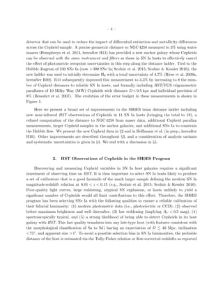 – 4 –
detector that can be used to reduce the impact of diﬀerential extinction and metallicity diﬀerences
across the Cepheid sample. A precise geometric distance to NGC 4258 measured to 3% using water
masers (Humphreys et al. 2013, hereafter H13) has provided a new anchor galaxy whose Cepheids
can be observed with the same instrument and ﬁlters as those in SN Ia hosts to eﬀectively cancel
the eﬀect of photometric zeropoint uncertainties in this step along the distance ladder. Tied to the
Hubble diagram of 240 SNe Ia (now >300 SNe Ia; Scolnic et al. 2015; Scolnic & Kessler 2016), the
new ladder was used to initially determine H0 with a total uncertainty of 4.7% (Riess et al. 2009a,
hereafter R09). R11 subsequently improved this measurement to 3.3% by increasing to 8 the num-
ber of Cepheid distances to reliable SN Ia hosts, and formally including HST/FGS trigonometric
parallaxes of 10 Milky Way (MW) Cepheids with distance D<0.5 kpc and individual precision of
8% (Benedict et al. 2007). The evolution of the error budget in these measurements is shown in
Figure 1.
Here we present a broad set of improvements to the SH0ES team distance ladder including
new near-infrared HST observations of Cepheids in 11 SN Ia hosts (bringing the total to 19), a
reﬁned computation of the distance to NGC 4258 from maser data, additional Cepheid parallax
measurements, larger Cepheid samples in the anchor galaxies, and additional SNe Ia to constrain
the Hubble ﬂow. We present the new Cepheid data in §2 and in Hoﬀmann et al. (in prep.; hereafter
H16). Other improvements are described throughout §3, and a consideration of analysis variants
and systematic uncertainties is given in §4. We end with a discussion in §5.
2. HST Observations of Cepheids in the SH0ES Program
Discovering and measuring Cepheid variables in SN Ia host galaxies requires a signiﬁcant
investment of observing time on HST. It is thus important to select SN Ia hosts likely to produce
a set of calibrators that is a good facsimile of the much larger sample deﬁning the modern SN Ia
magnitude-redshift relation at 0.01 < z < 0.15 (e.g., Scolnic et al. 2015; Scolnic & Kessler 2016).
Poor-quality light curves, large reddening, atypical SN explosions, or hosts unlikely to yield a
signiﬁcant number of Cepheids would all limit contributions to this eﬀort. Therefore, the SH0ES
program has been selecting SNe Ia with the following qualities to ensure a reliable calibration of
their ﬁducial luminosity: (1) modern photometric data (i.e., photoelectric or CCD), (2) observed
before maximum brightness and well thereafter, (3) low reddening (implying AV < 0.5 mag), (4)
spectroscopically typical, and (5) a strong likelihood of being able to detect Cepheids in its host
galaxy with HST. This last quality translates into any late-type host (with features consistent with
the morphological classiﬁcation of Sa to Sd) having an expectation of D 40 Mpc, inclination
<75◦, and apparent size >1′. To avoid a possible selection bias in SN Ia luminosities, the probable
distance of the host is estimated via the Tully-Fisher relation or ﬂow-corrected redshifts as reported
 
