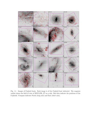 – 41 –
Fig. 3.— Images of Cepheid hosts. Each image is of the Cepheid host indicated. The magenta
outline shows the ﬁeld of view of WFC3/IR, 2.′7 on a side. Red dots indicate the positions of the
Cepheids. Compass indicates North (long axis) and East (short axis).
 