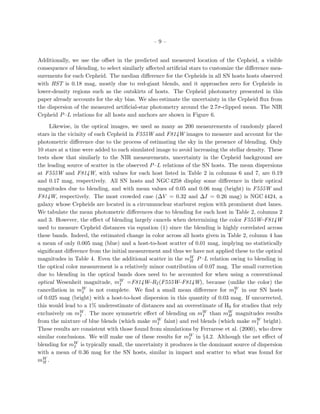 – 9 –
Additionally, we use the oﬀset in the predicted and measured location of the Cepheid, a visible
consequence of blending, to select similarly aﬀected artiﬁcial stars to customize the diﬀerence mea-
surements for each Cepheid. The median diﬀerence for the Cepheids in all SN hosts hosts observed
with HST is 0.18 mag, mostly due to red-giant blends, and it approaches zero for Cepheids in
lower-density regions such as the outskirts of hosts. The Cepheid photometry presented in this
paper already accounts for the sky bias. We also estimate the uncertainty in the Cepheid ﬂux from
the dispersion of the measured artiﬁcial-star photometry around the 2.7σ-clipped mean. The NIR
Cepheid P–L relations for all hosts and anchors are shown in Figure 6.
Likewise, in the optical images, we used as many as 200 measurements of randomly placed
stars in the vicinity of each Cepheid in F555W and F814W images to measure and account for the
photometric diﬀerence due to the process of estimating the sky in the presence of blending. Only
10 stars at a time were added to each simulated image to avoid increasing the stellar density. These
tests show that similarly to the NIR measurements, uncertainty in the Cepheid background are
the leading source of scatter in the observed P–L relations of the SN hosts. The mean dispersions
at F555W and F814W, with values for each host listed in Table 2 in columns 6 and 7, are 0.19
and 0.17 mag, respectively. All SN hosts and NGC 4258 display some diﬀerence in their optical
magnitudes due to blending, and with mean values of 0.05 and 0.06 mag (bright) in F555W and
F814W, respectively. The most crowded case (∆V = 0.32 and ∆I = 0.26 mag) is NGC 4424, a
galaxy whose Cepheids are located in a circumnuclear starburst region with prominent dust lanes.
We tabulate the mean photometric diﬀerences due to blending for each host in Table 2, columns 2
and 3. However, the eﬀect of blending largely cancels when determining the color F555W−F814W
used to measure Cepheid distances via equation (1) since the blending is highly correlated across
these bands. Indeed, the estimated change in color across all hosts given in Table 2, column 4 has
a mean of only 0.005 mag (blue) and a host-to-host scatter of 0.01 mag, implying no statistically
signiﬁcant diﬀerence from the initial measurement and thus we have not applied these to the optical
magnitudes in Table 4. Even the additional scatter in the mW
H P–L relation owing to blending in
the optical color measurement is a relatively minor contribution of 0.07 mag. The small correction
due to blending in the optical bands does need to be accounted for when using a conventional
optical Wesenheit magnitude, mW
I =F814W−RI(F555W−F814W), because (unlike the color) the
cancellation in mW
I is not complete. We ﬁnd a small mean diﬀerence for mW
I in our SN hosts
of 0.025 mag (bright) with a host-to-host dispersion in this quantity of 0.03 mag. If uncorrected,
this would lead to a 1% underestimate of distances and an overestimate of H0 for studies that rely
exclusively on mW
I . The more symmetric eﬀect of blending on mW
I than mW
H magnitudes results
from the mixture of blue blends (which make mW
I faint) and red blends (which make mW
I bright).
These results are consistent with those found from simulations by Ferrarese et al. (2000), who drew
similar conclusions. We will make use of these results for mW
I in §4.2. Although the net eﬀect of
blending for mW
I is typically small, the uncertainty it produces is the dominant source of dispersion
with a mean of 0.36 mag for the SN hosts, similar in impact and scatter to what was found for
mW
H .
 