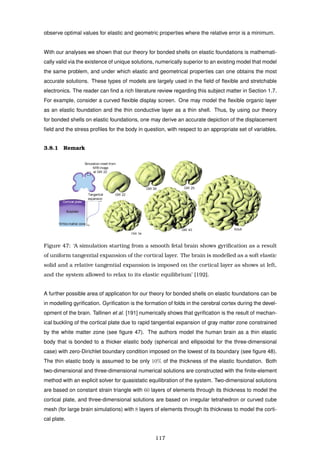 observe optimal values for elastic and geometric properties where the relative error is a minimum.
With our analyses we shown that our theory for bonded shells on elastic foundations is mathemati-
cally valid via the existence of unique solutions, numerically superior to an existing model that model
the same problem, and under which elastic and geometrical properties can one obtains the most
accurate solutions. These types of models are largely used in the ﬁeld of ﬂexible and stretchable
electronics. The reader can ﬁnd a rich literature review regarding this subject matter in Section 1.7.
For example, consider a curved ﬂexible display screen. One may model the ﬂexible organic layer
as an elastic foundation and the thin conductive layer as a thin shell. Thus, by using our theory
for bonded shells on elastic foundations, one may derive an accurate depiction of the displacement
ﬁeld and the stress proﬁles for the body in question, with respect to an appropriate set of variables.
3.8.1 Remark
Cortical plate
Subplate
White matter zone y
GW 22
GW 40
GW 29
GW 34
Adult
GW 26
Simulation mesh from
MRI image
at GW 22
Tangential
expansion
Figure 47: ‘A simulation starting from a smooth fetal brain shows gyriﬁcation as a result
of uniform tangential expansion of the cortical layer. The brain is modelled as a soft elastic
solid and a relative tangential expansion is imposed on the cortical layer as shows at left,
and the system allowed to relax to its elastic equilibrium’ [192].
A further possible area of application for our theory for bonded shells on elastic foundations can be
in modelling gyriﬁcation. Gyriﬁcation is the formation of folds in the cerebral cortex during the devel-
opment of the brain. Tallinen et al. [191] numerically shows that gyriﬁcation is the result of mechan-
ical buckling of the cortical plate due to rapid tangential expansion of gray matter zone constrained
by the white matter zone (see ﬁgure 47). The authors model the human brain as a thin elastic
body that is bonded to a thicker elastic body (spherical and ellipsoidal for the three-dimensional
case) with zero-Dirichlet boundary condition imposed on the lowest of its boundary (see ﬁgure 48).
The thin elastic body is assumed to be only 10% of the thickness of the elastic foundation. Both
two-dimensional and three-dimensional numerical solutions are constructed with the ﬁnite-element
method with an explicit solver for quasistatic equilibration of the system. Two-dimensional solutions
are based on constant strain triangle with 60 layers of elements through its thickness to model the
cortical plate, and three-dimensional solutions are based on irregular tetrahedron or curved cube
mesh (for large brain simulations) with 8 layers of elements through its thickness to model the corti-
cal plate.
117
 