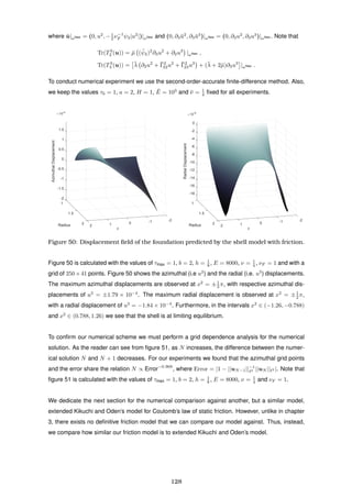 where ¯u|ωNew = (0, u2
, −1
2 ν−1
F ψ2|u2
|)|ωNew and (0, ∂3 ¯u2
, ∂3 ¯u3
)|ωNew = (0, ∂3u2
, ∂3u3
)|ωNew . Note that
Tr(T3
2 (u)) = ¯µ ( ¯ψ2)2
∂3u2
+ ∂2u3
|ωNew ,
Tr(T3
3 (u)) = ¯λ ∂2u2
+ ¯Γ2
22u2
+ ¯Γ2
23u3
+ (¯λ + 2¯µ)∂3u3
|ωNew .
To conduct numerical experiment we use the second-order-accurate ﬁnite-difference method. Also,
we keep the values τ0 = 1, a = 2, H = 1, ¯E = 103
and ¯ν = 1
4 ﬁxed for all experiments.
-2
-1.5
-1
-0.5
1
0
0.5
1
1.5
AzimuthalDisplacement
×10-4
Radius
1.5
-2
θ
-102 12
-18
-16
-14
-12
-10
1
-8
-6
-4
-2
RadialDisplacement
×10-5
0
Radius
1.5
-2
θ
-102 12
Figure 50: Displacement ﬁeld of the foundation predicted by the shell model with friction.
Figure 50 is calculated with the values of τmax = 1, b = 2, h = 1
8 , E = 8000, ν = 1
4 , νF = 1 and with a
grid of 250×41 points. Figure 50 shows the azimuthal (i.e u2
) and the radial (i.e. u3
) displacements.
The maximum azimuthal displacements are observed at x2
= ±1
2 π, with respective azimuthal dis-
placements of u2
= ±1.79 × 10−4
. The maximum radial displacement is observed at x2
= ±1
2 π,
with a radial displacement of u3
= −1.84 × 10−4
. Furthermore, in the intervals x2
∈ (−1.26, −0.788)
and x2
∈ (0.788, 1.26) we see that the shell is at limiting equilibrium.
To conﬁrm our numerical scheme we must perform a grid dependence analysis for the numerical
solution. As the reader can see from ﬁgure 51, as N increases, the difference between the numer-
ical solution N and N + 1 decreases. For our experiments we found that the azimuthal grid points
and the error share the relation N ∝ Error−0.969
, where Error = |1 − ||uN−1||−1
2 ||uN || 2 |. Note that
ﬁgure 51 is calculated with the values of τmax = 1, b = 2, h = 1
8 , E = 8000, ν = 1
4 and νF = 1.
We dedicate the next section for the numerical comparison against another, but a similar model,
extended Kikuchi and Oden’s model for Coulomb’s law of static friction. However, unlike in chapter
3, there exists no deﬁnitive friction model that we can compare our model against. Thus, instead,
we compare how similar our friction model is to extended Kikuchi and Oden’s model.
128
 