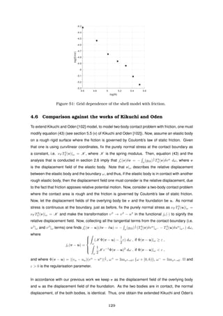4.6 4.8 5 5.2 5.4 5.6
log(N)
-5.3
-5.2
-5.1
-5
-4.9
-4.8
-4.7
-4.6
-4.5
-4.4
-4.3
log(Error)
Figure 51: Grid dependence of the shell model with friction.
4.6 Comparison against the works of Kikuchi and Oden
To extend Kikuchi and Oden [102] model, to model two-body contact problem with friction, one must
modify equation (43) (see section 5.5 (v) of Kikuchi and Oden [102]). Now, assume an elastic body
on a rough rigid surface where the ﬁction is governed by Coulomb’s law of static friction. Given
that one is using curvilinear coordinates, ﬁx the purely normal stress at the contact boundary as
a constant, i.e. νF T3
3 (v)|ω = K , where K is the spring modulus. Then, equation (43) and the
analysis that is conducted in section 2.6 imply that jε(v)δv = − ω
(g33)
1
2 T3
α(v)δvα
dω, where v
is the displacement ﬁeld of the elastic body. Note that v|ω describes the relative displacement
between the elastic body and the boundary ω, and thus, if the elastic body is in contact with another
rough elastic body, then the displacement ﬁeld one must consider is the relative displacement, due
to the fact that friction apposes relative potential motion. Now, consider a two-body contact problem
where the contact area is rough and the friction is governed by Coulomb’s law of static friction.
Now, let the displacement ﬁelds of the overlying body be v and the foundation be u. As normal
stress is continuous at the boundary, just as before, ﬁx the purely normal stress as νF T3
3 (u)|ω =
νF T3
3 (v)|ω = K and make the transformation vβ
→ vβ
− uβ
in the functional jε(·) to signify the
relative displacement ﬁeld. Now, collecting all the tangential terms from the contact boundary (i.e.
uβ
|ω and vβ
|ω terms) one ﬁnds jε(v − u)(δv − δu) = − ω
(g33)
1
2 (T3
α(v)δvα
|ω− − T3
α(u)δuα
|ω+ ) dω,
where
jε(v − u) =



ω
(K Φ(v − u) −
1
2
ε) dω , if Φ(v − u)|ω ≥ ε ,
ω
1
2
K ε−1
Φ(v − u)2
dω , if Φ(v − u)|ω < ε ,
and where Φ(v − u) = |(vα − uα)(vα
− uα
)|
1
2 , ω+
= limx3→0+ {ω × [0, h)}, ω−
= limx3→0− Ω and
ε > 0 is the regularisation parameter.
In accordance with our previous work we keep v as the displacement ﬁeld of the overlying body
and u as the displacement ﬁeld of the foundation. As the two bodies are in contact, the normal
displacement, of the both bodies, is identical. Thus, one obtain the extended Kikuchi and Oden’s
129
 