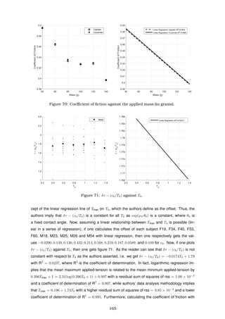 40 60 80 100 120 140
Mass (g)
0.38
0.4
0.42
0.44
0.46
0.48
0.5
CoefficientofFriction
Capstan
Coulombs
40 60 80 100 120 140
Mass (g)
0.39
0.4
0.41
0.42
0.43
0.44
0.45
0.46
0.47
0.48
0.49
CoefficientofFriction
Linear Regression: Capstan (R2
=0.905)
Linear Regression: Coulombs (R2
=0.896)
Figure 70: Coeﬃcient of ﬁction against the applied mass (in grams).
0.2 0.4 0.6 0.8 1 1.2 1.4
T0
1
1.2
1.4
1.6
1.8
2
2.2
2.4
δτ-(c0
/T0
)
Mean
0.2 0.4 0.6 0.8 1 1.2 1.4
T0
1.768
1.77
1.772
1.774
1.776
1.778
1.78
1.782
1.784
1.786δτ-(c0
/T0
)
Linear Regression (R2
=0.0237)
Figure 71: δτ − (c0/T0) against T0.
cept of the linear regression line of Tmax on T0, which the authors deﬁne as the offset. Thus, the
authors imply that δτ − (c0/T0) is a constant for all T0 as exp(µF θ0) is a constant, where θ0 is
a ﬁxed contact angle. Now, assuming a linear relationship between Tmax and T0 is possible (lin-
ear in a sense of regression); if one calculates this offset of each subject F19, F34, F40, F53,
F60, M18, M23, M25, M26 and M54 with linear regression, then one respectively gets the val-
ues −0.0290, 0.149, 0.130, 0.432, 0.214, 0.168, 0.219, 0.187, 0.0589, and 0.109 for c0. Now, if one plots
δτ − (c0/T0) against T0, then one gets ﬁgure 71. As the reader can see that δτ − (c0/T0) is not
constant with respect to T0 as the authors asserted, i.e. we get δτ − (c0/T0) = −0.0174T0 + 1.79
with R2
= 0.0237, where R2
is the coefﬁcient of determination. In fact, logarithmic regression im-
plies that the mean maximum applied-tension is related to the mean minimum applied-tension by
0.396Tmax + 1 = 2.34 log(0.396T0 + 1) + 0.997 with a residual sum of squares of rss = 1.00 × 10−3
and a coefﬁcient of determination of R2
= 0.997, while authors’ data analysis methodology implies
that Tmax = 0.196 + 1.74T0 with a higher residual sum of squares of rss = 9.85 × 10−3
and a lower
coefﬁcient of determination of R2
= 0.995. Furthermore, calculating the coefﬁcient of friction with
165
 