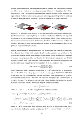 that the governing equations are deﬁned for zero-external loadings, and the boundary conditions
are deﬁned for zero-tractions, zero-boundary moments and there are no descriptions of any Dirich-
let conditions. Thus, it is mathematically impossible to obtain a non-zero solution (excluding any
rigid motions). Furthermore, there is no evidence in authors’ publication for proof of the existence
of solutions, either via rigorous mathematics (Γ-limit or otherwise) or via numerical analysis.
(a) (b) (c)
Figure 10: ‘A schematic illustration of an unconstrained plate exhibiting residual stress.
(a) The two elements composing the plate are shows side by side. (b) As the red trapezoid
is too large to ﬁt into the square opening, it is compressed. (c) For a plate suﬃciently thin,
the induced compression exceeds the buckling threshold, and the trapezoid buckles out
of plane. Note that there are many shapes that preserve all lengths along the faces of the
plate, yet they cannot be planar’ [60].
Efrati et al.’s [60] erroneous work arises from not fully understanding how to model the given prob-
lem. Consider ﬁgure 10 (c), which extracted directly from the publication and considered by the
authors as a simpliﬁed version of the problem: the very reason that the red trapezoid is deformed
is because it is compressed at the boundary, i.e. it is deformed as it is subjected to a Dirichlet
boundary condition. Thus, if one attempts to model this problem with mathematical rigour, then one
can derive the actual energy functional for this problem. To do so, consider the map
r(u) = R(u) + z
∂xR(u) × ∂yR(u)
||∂xR(u) × ∂yR(u)||
, (28)
which is assumed to be a sufﬁciently differentiable E3
→ E3
diffeomorphism for an appropri-
ate u ∈ E3
, where R(u) = (x, y, 0)E + (u
¯1
(x, y), u
¯2
(x, y), u
¯3
(x, y))E is the deformed mid-surface
of the plate, and u is the displacement ﬁeld that describes a vector displacement in the three-
dimensional Euclidean space. The metric with respect to map (28) in the Euclidean space is
g¯α ¯β(u) = ∂¯αr¯i(u)∂¯βr
¯i
(u), where the over-bar in the indices highlights the fact that one is using
Euclidean coordinates. Now, the strain tensor of a plate can be expressed as
¯α ¯β(u) =
1
2
g¯α ¯β(u) − δ¯α ¯β ,
where x
¯1
= x and x
¯2
= y. Thus, the energy functional can be expressed as
J(u) =
S
1
8
hA¯α ¯β¯γ¯δ
∂¯αR¯i(u)∂¯βR
¯i
(u) − δ¯α ¯β ∂¯γR¯k(u)∂¯δR
¯k
(u) − δ¯γ¯δ
+
1
24
h3
A¯α ¯β¯γ¯δ
∂¯α ¯βR¯i(u)
(∂xR(u) × ∂yR(u))
¯i
||∂xR(u) × ∂yR(u)||
∂¯γ¯δR¯k(u)
(∂xR(u) × ∂yR(u))
¯k
||∂xR(u) × ∂yR(u)||
dxdy , (29)
u ∈ {v ∈ W (S ) | v|∂S = u0} , (30)
where S ⊂ E2
is the mid-plane of the unstrained plate, W (S ) is an appropriate Sobolev space,
u0 ∈ L2
(∂S ) is the Dirichlet boundary condition and A¯αβ¯γ¯δ
= 1
2 (1 + ν)−1
Y (2(1 − ν)−1
νδ¯α ¯β
δ¯γ¯δ
+
45
 