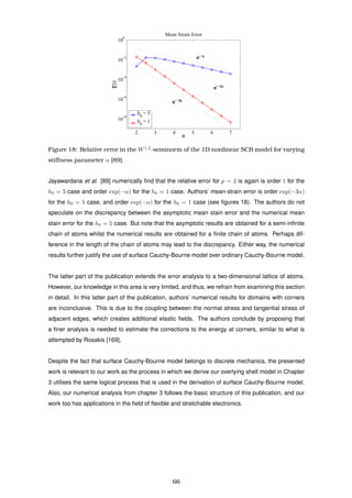 2 3 4 5 6 7
10
8
10
6
10
4
10
2
10
0
α
rr
Mean Strain Error
h
0
= 5
h
0
= 1
e− α
e− 2α
e− 3α
e− α
e− 2α
e− 3α
Figure 18: Relative error in the W1,2
-seminorm of the 1D nonlinear SCB model for varying
stiﬀness parameter α [89].
Jayawardana et al. [89] numerically ﬁnd that the relative error for p = 2 is again is order 1 for the
h0 = 5 case and order exp(−α) for the h0 = 1 case. Authors’ mean-strain error is order exp(−3α)
for the h0 = 5 case, and order exp(−α) for the h0 = 1 case (see ﬁgures 18). The authors do not
speculate on the discrepancy between the asymptotic mean stain error and the numerical mean
stain error for the h0 = 5 case. But note that the asymptotic results are obtained for a semi-inﬁnite
chain of atoms whilst the numerical results are obtained for a ﬁnite chain of atoms. Perhaps dif-
ference in the length of the chain of atoms may lead to the discrepancy. Either way, the numerical
results further justify the use of surface Cauchy-Bourne model over ordinary Cauchy-Bourne model.
The latter part of the publication extends the error analysis to a two-dimensional lattice of atoms.
However, our knowledge in this area is very limited, and thus, we refrain from examining this section
in detail. In this latter part of the publication, authors’ numerical results for domains with corners
are inconclusive. This is due to the coupling between the normal stress and tangential stress of
adjacent edges, which creates additional elastic ﬁelds. The authors conclude by proposing that
a ﬁner analysis is needed to estimate the corrections to the energy at corners, similar to what is
attempted by Rosakis [169].
Despite the fact that surface Cauchy-Bourne model belongs to discrete mechanics, the presented
work is relevant to our work as the process in which we derive our overlying shell model in Chapter
3 utilises the same logical process that is used in the derivation of surface Cauchy-Bourne model.
Also, our numerical analysis from chapter 3 follows the basic structure of this publication, and our
work too has applications in the ﬁeld of ﬂexible and stretchable electronics.
66
 