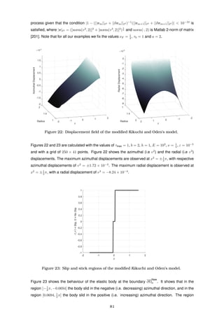 process given that the condition |1 − (||vm|| 2 + ||δvm|| 2 )−1
(||vm+1|| 2 + ||δvm+1|| 2 )| < 10−10
is
satisﬁed, where |v| 2 = ([norm(v2
, 2)]2
+ [norm(v3
, 2)]2
)
1
2 and norm(·, 2) is Matlab 2-norm of matrix
[201]. Note that for all our examples we ﬁx the values νF = 1
2 , τ0 = 1 and a = 2.
-2
-1.5
-1
-0.5
2
0
0.5
1
1.5
AzimuthalDisplacement
×10-3
Radius
1.5
2
θ
101 -1-2
-9
-8
-7
-6
-5
1
-4
-3
-2
-1
0
RadialDisplacement
×10-4
Radius
1.5
-2
θ
-102 12
Figure 22: Displacement ﬁeld of the modiﬁed Kikuchi and Oden’s model.
Figures 22 and 23 are calculated with the values of τmax = 1, b = 2, h = 1, E = 103
, ν = 1
4 , ε = 10−5
and with a grid of 250 × 41 points. Figure 22 shows the azimuthal (i.e v2
) and the radial (i.e v3
)
displacements. The maximum azimuthal displacements are observed at x2
= ±1
2 π, with respective
azimuthal displacements of v2
= ±1.72 × 10−3
. The maximum radial displacement is observed at
x2
= ±1
2 π, with a radial displacement of v3
= −8.24 × 10−4
.
-2 -1 0 1 2
θ
-1
-0.8
-0.6
-0.4
-0.2
0
0.2
0.4
0.6
0.8
1
-1,+1=Slip,0=NoSlip
Figure 23: Slip and stick regions of the modiﬁed Kikuchi and Oden’s model.
Figure 23 shows the behaviour of the elastic body at the boundary ∂Ω
New
0 . It shows that in the
region [−1
2 π, −0.0694] the body slid in the negative (i.e. decreasing) azimuthal direction, and in the
region [0.0694, 1
2 π] the body slid in the positive (i.e. increasing) azimuthal direction. The region
81
 