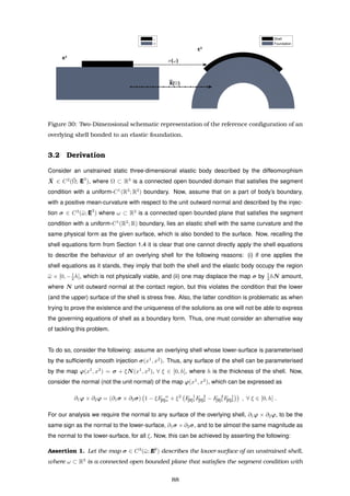 R3
ω
Ω
E3
Shell
Foundation
σ(ω)
_
X(Ω)
Figure 30: Two-Dimensional schematic representation of the reference conﬁguration of an
overlying shell bonded to an elastic foundation.
3.2 Derivation
Consider an unstrained static three-dimensional elastic body described by the diffeomorphism
¯X ∈ C2
(¯Ω; E3
), where Ω ⊂ R3
is a connected open bounded domain that satisﬁes the segment
condition with a uniform-C1
(R3
; R2
) boundary. Now, assume that on a part of body’s boundary,
with a positive mean-curvature with respect to the unit outward normal and described by the injec-
tion σ ∈ C3
(¯ω; E2
) where ω ⊂ R2
is a connected open bounded plane that satisﬁes the segment
condition with a uniform-C1
(R2
; R) boundary, lies an elastic shell with the same curvature and the
same physical form as the given surface, which is also bonded to the surface. Now, recalling the
shell equations form from Section 1.4 it is clear that one cannot directly apply the shell equations
to describe the behaviour of an overlying shell for the following reasons: (i) if one applies the
shell equations as it stands, they imply that both the shell and the elastic body occupy the region
¯ω × [0, −1
2 h], which is not physically viable, and (ii) one may displace the map σ by 1
2 hN amount,
where N unit outward normal at the contact region, but this violates the condition that the lower
(and the upper) surface of the shell is stress free. Also, the latter condition is problematic as when
trying to prove the existence and the uniqueness of the solutions as one will not be able to express
the governing equations of shell as a boundary form. Thus, one must consider an alternative way
of tackling this problem.
To do so, consider the following: assume an overlying shell whose lower-surface is parameterised
by the sufﬁciently smooth injection σ(x1
, x2
). Thus, any surface of the shell can be parameterised
by the map ϕ(x1
, x2
) = σ + ξN(x1
, x2
), ∀ ξ ∈ [0, h], where h is the thickness of the shell. Now,
consider the normal (not the unit normal) of the map ϕ(x1
, x2
), which can be expressed as
∂1ϕ × ∂2ϕ = (∂1σ × ∂2σ) 1 − ξF α
[II]α + ξ2
F 1
[II]1F 2
[II]2 − F 2
[II]1F 1
[II]2 , ∀ ξ ∈ [0, h] .
For our analysis we require the normal to any surface of the overlying shell, ∂1ϕ × ∂2ϕ, to be the
same sign as the normal to the lower-surface, ∂1σ × ∂2σ, and to be almost the same magnitude as
the normal to the lower-surface, for all ξ. Now, this can be achieved by asserting the following:
Assertion 1. Let the map σ ∈ C3
(¯ω; E2
) describes the lower-surface of an unstrained shell,
where ω ⊂ R2
is a connected open bounded plane that satisﬁes the segment condition with
88
 