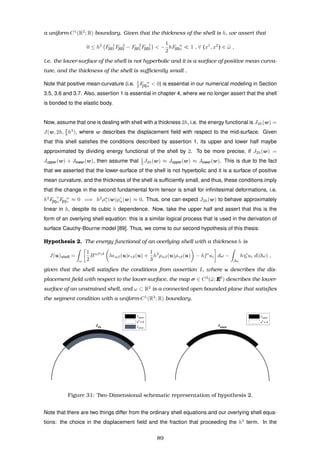 a uniform-C1
(R2
; R) boundary. Given that the thickness of the shell is h, we assert that
0 ≤ h2
F 1
[II]1 F 2
[II]2 − F 2
[II]1 F 1
[II]2 < −
1
2
hF α
[II]α 1 , ∀ (x1
, x2
) ∈ ¯ω ,
i.e. the lower-surface of the shell is not hyperbolic and it is a surface of positive mean curva-
ture, and the thickness of the shell is suﬃciently small .
Note that positive mean-curvature (i.e. 1
2 F α
[II]α < 0) is essential in our numerical modeling in Section
3.5, 3.6 and 3.7. Also, assertion 1 is essential in chapter 4, where we no longer assert that the shell
is bonded to the elastic body.
Now, assume that one is dealing with shell with a thickness 2h, i.e. the energy functional is J2h(w) =
J(w, 2h, 2
3 h3
), where w describes the displacement ﬁeld with respect to the mid-surface. Given
that this shell satisﬁes the conditions described by assertion 1, its upper and lower half maybe
approximated by dividing energy functional of the shell by 2. To be more precise, if J2h(w) =
Jupper(w) + Jlower(w), then assume that 1
2 J2h(w) ≈ Jupper(w) ≈ Jlower(w). This is due to the fact
that we asserted that the lower-surface of the shell is not hyperbolic and it is a surface of positive
mean curvature, and the thickness of the shell is sufﬁciently small, and thus, these conditions imply
that the change in the second fundamental form tensor is small for inﬁnitesimal deformations, i.e.
h2
F γ
[II]αF α
[II]γ ≈ 0 =⇒ h2
ρα
γ (w)ργ
α(w) ≈ 0. Thus, one can expect J2h(w) to behave approximately
linear in h, despite its cubic h dependence. Now, take the upper half and assert that this is the
form of an overlying shell equation: this is a similar logical process that is used in the derivation of
surface Cauchy-Bourne model [89]. Thus, we come to our second hypothesis of this thesis:
Hypothesis 2. The energy functional of an overlying shell with a thickness h is
J(u)shell =
ω
1
2
Bαβγδ
h αβ(u) γδ(u) +
1
3
h3
ραβ(u)ργδ(u) − hfi
ui dω −
∂ω
hτi
0 ui d(∂ω) ,
given that the shell satisﬁes the conditions from assertion 1, where u describes the dis-
placement ﬁeld with respect to the lower-surface, the map σ ∈ C3
(¯ω; E2
) describes the lower-
surface of an unstrained shell, and ω ⊂ R2
is a connected open bounded plane that satisﬁes
the segment condition with a uniform-C1
(R2
; R) boundary.
J2h
Jupper
x3
= 0
Jlower
Jshell
Jupper
x3
= 0
Figure 31: Two-Dimensional schematic representation of hypothesis 2.
Note that there are two things differ from the ordinary shell equations and our overlying shell equa-
tions: the choice in the displacement ﬁeld and the fraction that proceeding the h3
term. In the
89
 