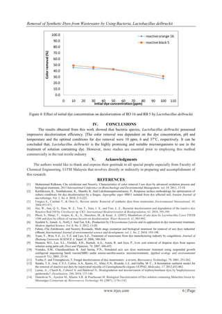 Removal of Synthetic Dyes from Wastewater by Using Bacteria, Lactobacillus delbruckii
www.irjes.com 6 | Page
Figure 4: Effect of initial dye concentration on decolorization of RO 16 and RB 5 by Lactobacillus delbruckii
IV. CONCLUSIONS
The results obtained from this work showed that bacteria species, Lactobacillus delbruckii possessed
impressive decolorization efficiency. ]The color removal was dependent on the dye concentration, pH and
temperature and the optimal conditions for dye removal were 10 ppm, 6 and 37°C, respectively. It can be
concluded that, Lactobacillus delbruckii is the highly promising and suitable microorganisms to use in the
treatment of solution containing dye. However, more studies are essential prior to employing this method
commercially in the real textile industry
V. Acknowledgments
The authors would like to thank and express their gratitude to all special people especially from Faculty of
Chemical Engineering, UiTM Malaysia that involves directly or indirectly in preparing and accomplishment of
this research.
REFERENCES
[1] Muhammad Ridhwan, Che zulzikrami and Nazerry, Characteristics of color removal f azo dyes by advanced oxidation process and
biological treatment, 2011 International Conference on Biotechnology and Environmental Management, vol. 18, 2011, 13-18.
[2] Karthikeyan, K., Nanthakumar, K., Shanthi, K. And Lakshmanaperumalsamy, P., Response surface methodology for optimization of
culture conditions for dye decolorization by a fungus, Aspergillus niger HM11 isolated from dye affected soil, Iranian Journal of
microbiology, Vol. 2, No. 4, 2010, 213-222.
[3] Forgacs E., Cserhati T., & Oros G., Review article: Removal of synthetic dyes from wastewater.,Environmental International, 30,
2004,953-971.
[4] Hui, W., Jian, Q. S., Xiao, W. Z., Yun, T., Xiao, J. X., and Tian, L. Z., Bacterial decolorization and degradation of the reactive dye
Reactive Red 180 by Citrobacter sp. CK3. International Biodeterioration & Biodegradation, 63, 2010, 395-399.
[5] Phisit, S., Shinji, T., Ampin, K., K., S., Shuichiro, M., & Kenji, A. (2007). Metabolism of azo dyes by Lactobacillus Casei TISTR
1500 and dyes by effects of various facyors on decolorization. Water Research, 41, 985-992.
[6] Syafalni S., Ismail, A., Norli, I. And Tan, S.K., Production by Chryseomonas Luteola and its application in dye wastewater treatment,
Modern Applied Science, Vol. 6, No. 5, 2012, 13-20.
[7] Fahmi, Che Zulzikrami, and Nazerry Rosmady, Multi stage ozonation and biological treatment for removal of azo dyes industrial
effluent, International Journal of environmental science and development, vol. 1, No. 2, 2010, 193-198.
[8] Yuan, Y., Wen, Y.Z., Li, Y.Z. and Luo, S.Z., Treatment of wastewater from dye manufacturing industry by coagulation, Journal of
Zhejiang University SCIENCE A, Suppl. II, 2006, 340-344.
[9] Hasnain, M.I., Lee, S.L., Faridah, A.H., Hamidi, A.A., Azam, R. and Jaya, P., Low cost removal of disperse dyes from aquoes
solution using palm ash, Dyes and Pigments, 74, 2007, 446-453.
[10] Ventaka, S.M., Chandrasekhara R. And Sarma, P.N., Simulated acis azo dyes wastewater treatment using suspended growth
configured sequencing batch reactor(SBR) under anoxic-aerobic-anoxic microenvironment, Applied ecology and environmental
research 7(1), 2005, 25-34.
[11] Yuzhu, F. and Viraraghavan, T, Fungal decolorization of dye wastewaters: a review, Bioresource Technology, 79, 2001, 251-262.
[12] Sandra, T.A., Jose, C.V.J., Carlos, A.A., Kaoru, O., Aline, E.N., Ricardo, L.L. and Galba, M. C., A biosorption isotherm model for
the removal of reactive azo dyes by inactivated mycelia of Cunninghamella elegans UCP542, Molecules, 17, 2012,452-462.
[13] Lamia, A.., Chaieb K., Ceheref A. and Bakhrouf A., Biodegradation and decolorization of triphrnylmethane dyes by Staphylococcus
epidermidis"; Desalination, 260, 2010, 137-146.
[14] Daneshvar N., Ayazloo M., Khatee A.R. & Pourhassan M. Biological Decolorization of Dye solution containing Malachite Green by
Microalgae Cosmarium sp. Bioresources Technology 98, (2007), 1176-1182.
0.0
10.0
20.0
30.0
40.0
50.0
60.0
70.0
80.0
90.0
100.0
0 10 20 30 40 50 60 70 80 90 100 110
Colorremoval(%)
initial dye concentration(ppm)
reactiveorange 16
reactiveblack 5
 