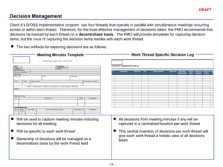- 14 -
DRAFT
Decision Management
Client X’s B/OSS implementation program has four threads that operate in parallel with simultaneous meetings occurring
across or within each thread. Therefore, for the most effective management of decisions taken, the PMO recommends that
decisions be tracked by each thread on a decentralized basis. The PMO will provide templates for capturing decision
items, but the onus of capturing the decision items resides with each work thread.
 The two artifacts for capturing decisions are as follows:
Meeting Minutes Template Work Thread Specific Decision Log
 Will be used to capture meeting minutes including
decisions for all meeting
 Will be specific to each work thread
 Ownership of decisions will be managed on a
decentralized basis by the work thread lead
 All decisions from meeting minutes if any will be
captured in a centralized location per work thread
 This central inventory of decisions per work thread will
give each work thread a holistic view of all decisions
taken
 